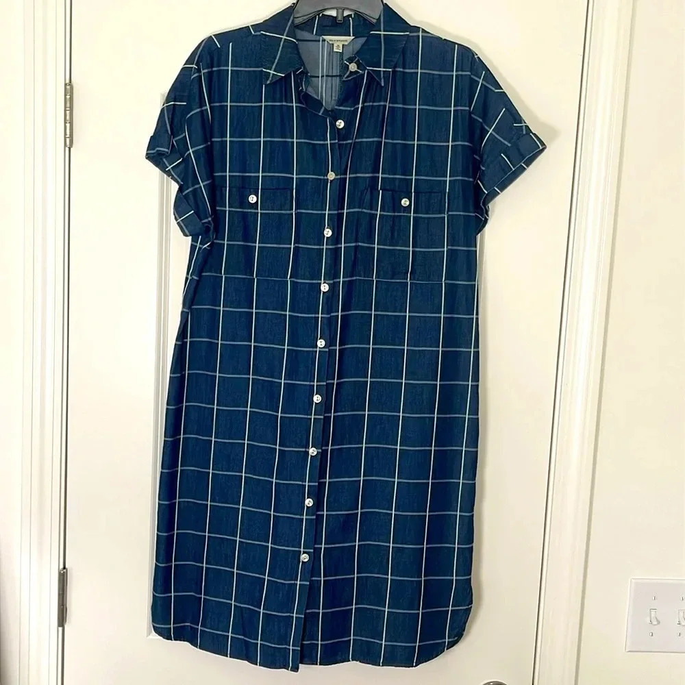 Max Studio Navy Plaid 100% Cotton Shirt Dress Size M